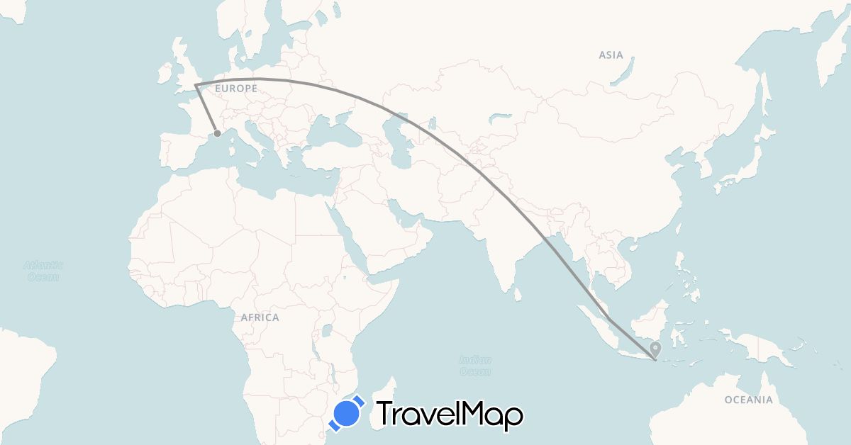 TravelMap itinerary: plane in France, United Kingdom, Indonesia, Singapore (Asia, Europe)